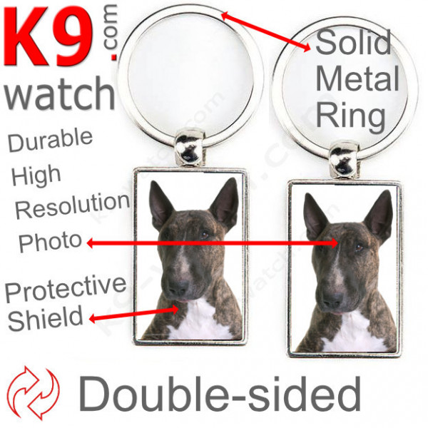 Double-sided metal key ring with photo Brindle English Bull Terrier, metal key ring gift idea; double faced key holder