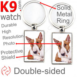 Double-sided metal key ring with photo Red and White English Bull Terrier, metal key ring gift idea; double faced key holder