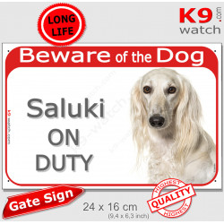 Red Portal Sign "Beware of the Dog, white Persan Saluki Greyhound on duty" Gate photo notice, door plaque plate panel