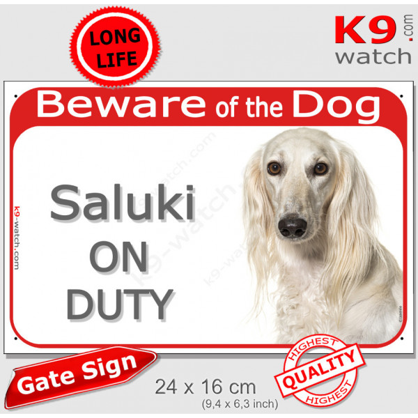 Red Portal Sign "Beware of the Dog, white Persan Saluki Greyhound on duty" Gate photo notice, door plaque plate panel