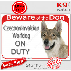 Portal Sign red "Beware of the Dog, Czechoslovakian Wolfdog on duty" gate plate panel placard Vicak photo notice