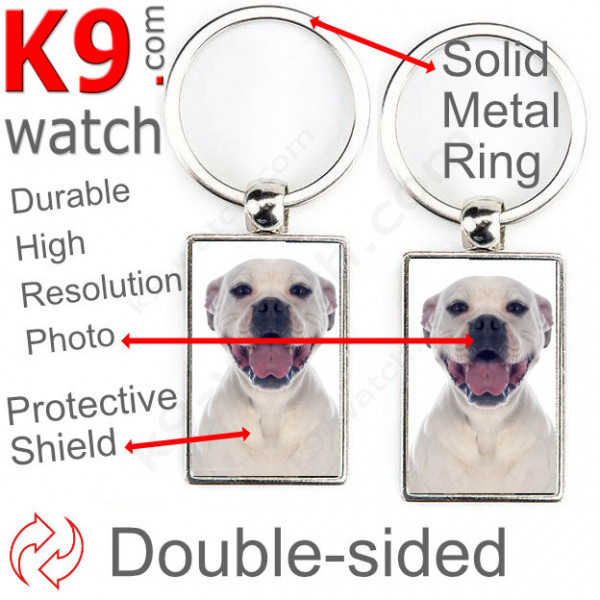 Double-sided metal key ring with photo Entirely White American Bulldog, metal key ring gift idea; double faced key holder metal