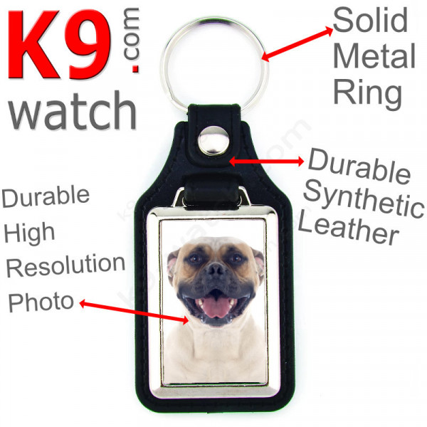 Vegan leather key ring and metal holder, with the photo of your White and fawn American Bulldog, key ring gift idea