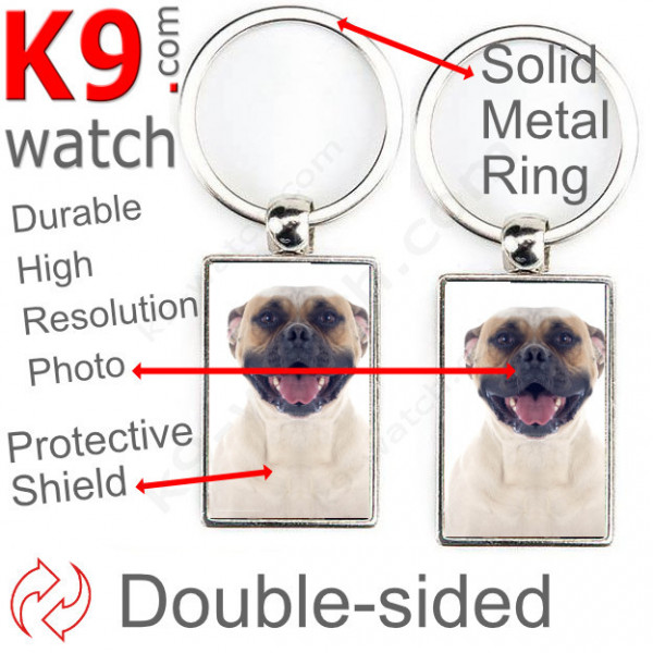 Double-sided metal key ring with photo White and fawn American Bulldog, metal key ring gift idea; double faced key holder metal