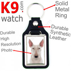 Vegan leather key ring and metal holder, with the photo of your Entirely White English Bull Terrier, key ring gift idea