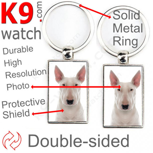 Double-sided metal key ring with photo Entirely White English Bull Terrier, metal key ring gift idea; double faced key holder