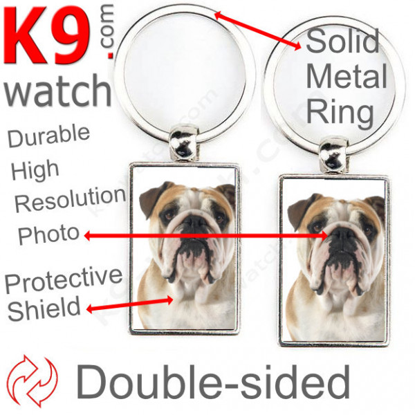 Double-sided metal key ring with photo Fawn & White English Bulldog, metal key ring gift idea; double faced key holder metallic