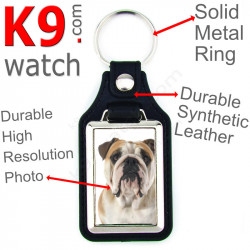 Vegan leather key ring and metal holder, with the photo of your Fawn & White English Bulldog, key ring gift idea