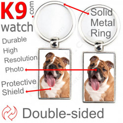 Double-sided metal key ring with photo Fawn & White English Bulldog, metal key ring gift idea; double faced key holder metallic