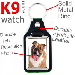 Vegan leather key ring and metal holder, with the photo of your Fawn & White English Bulldog, key ring gift idea