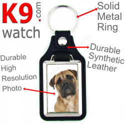 Vegan leather key ring and metal holder, with the photo of your Fawn Brown Bullmastiff, key ring gift idea