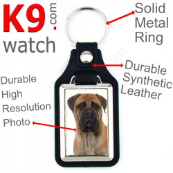 Vegan leather key ring and metal holder, with the photo of your Fawn Brown Bullmastiff, key ring gift idea