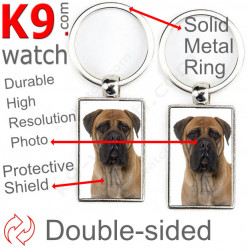 Double-sided metal key ring with photo Brown Fawn Bullmastiff, metal key ring gift idea; double faced key holder metallic